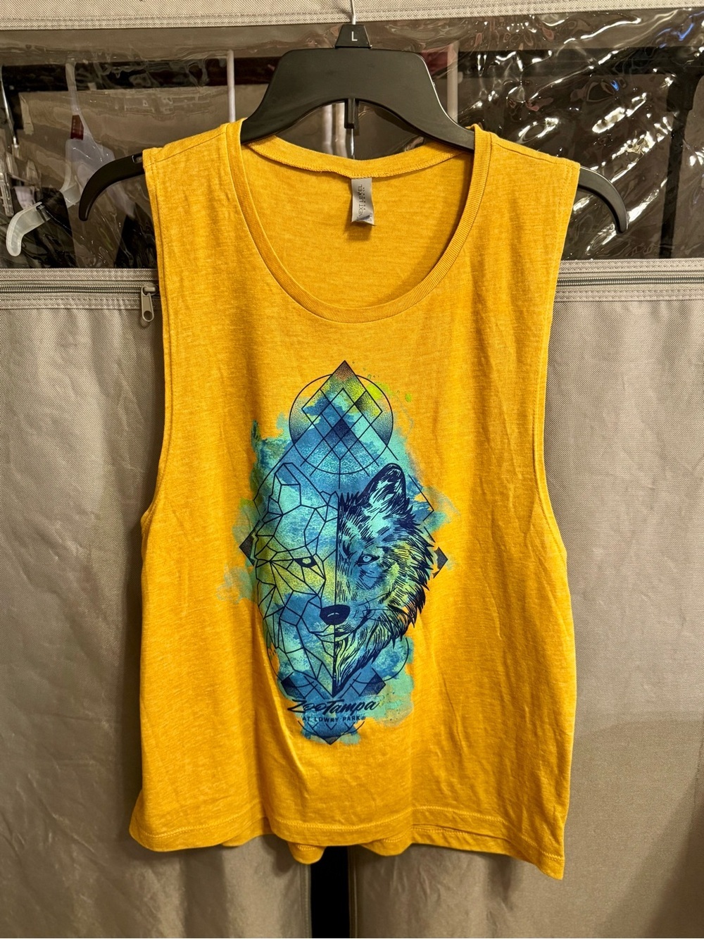 Next Level Apparel Yellow Graphic Tank Top with Blue Wolf Art- Size Large.